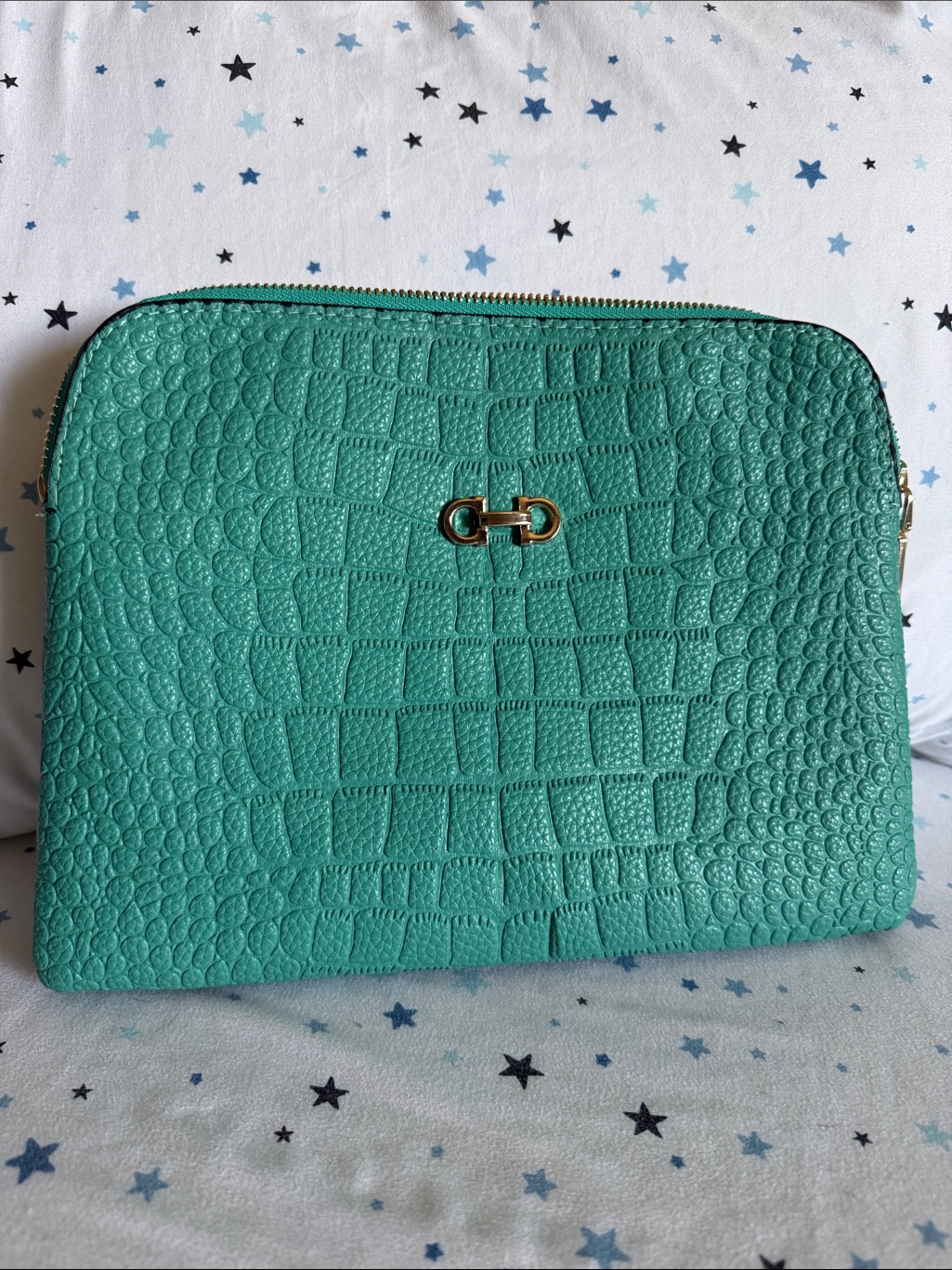 Teal Croc-Embossed Zip Pouch